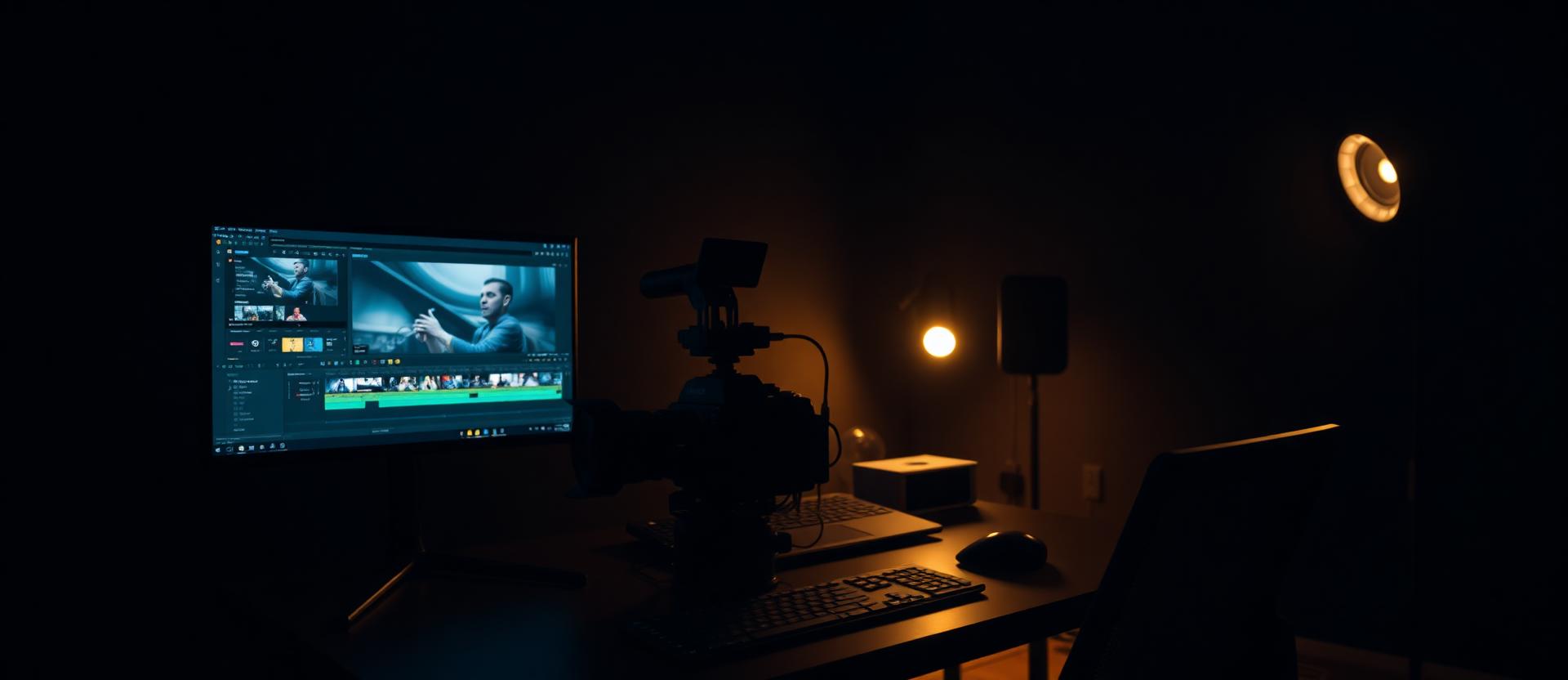 A premium creator studio with cinema camera, editing monitor, and warm ambient lighting
